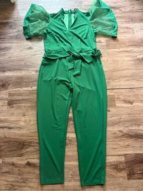 Ashley Stewart Emerald Green Puff Sleeve Jumpsuit with Waist Tie